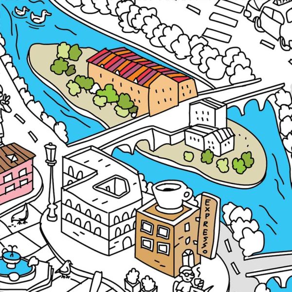 Detalle de la Isla Tiberina y Trastevere del mapa de roma para colorear de Pinta y Pinto.