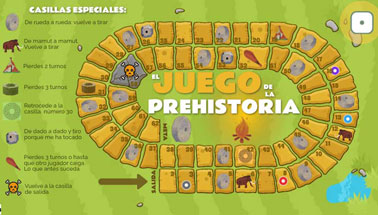 tablero del juego online con preguntas de la prehistoria.