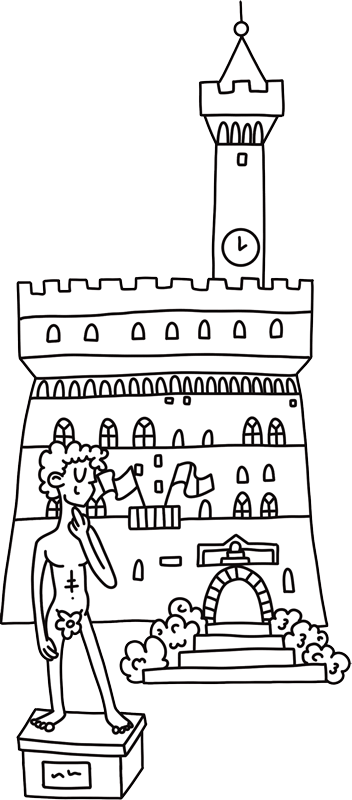 Illustration of Palazzo Vecchio with the statue of David on the Florence colouring map.