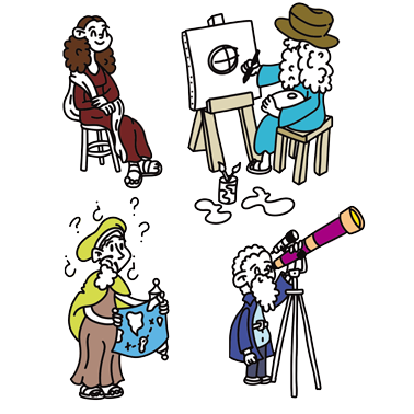 Illustration of important characters on the map of Florence, such as Leonardo da Vinci painting the Mona Lisa, Galileo and Amerigo Vespucci.