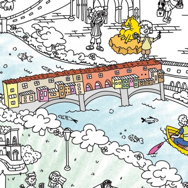 Ponte Vecchio sobre el río Arno representado en el mapa para colorear de Florencia