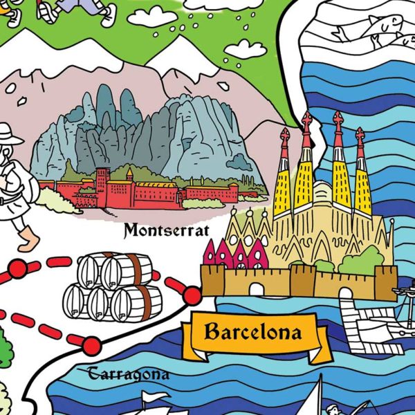 Montserrat and Sagrada Familia painted on the Way of Saint James colouring map