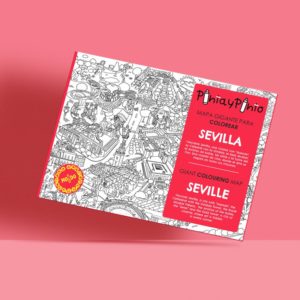 Image of the coloring map of Seville by Pinta y Pinto over a pink background