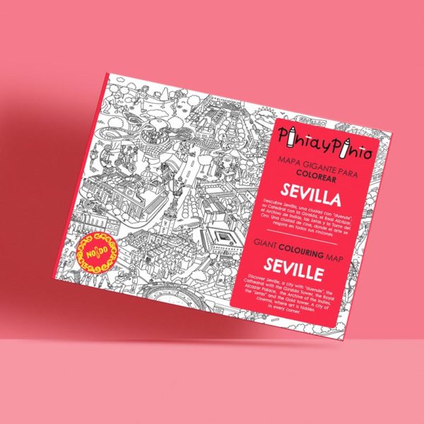 Image of the coloring map of Seville by Pinta y Pinto over a pink background