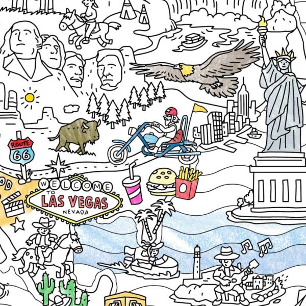 Extracto del mapa de maravillas del mundo para colorear en el que vemos Estados Unidos con sus elementos característicos como la estatua de la libertad, Las Vegas, Bisontes, Harley Davidson y mucho más