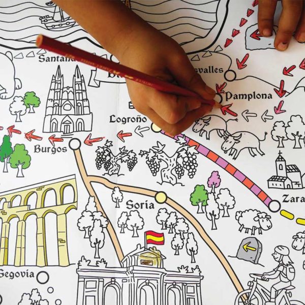 Detail of a girl painting the French Way on the Pinta y Pinto Camino de Santiago map