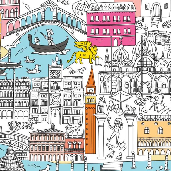 Detail of St. Mark's Square, winged lion of Venice and Rialto Bridge on the Venice colouring map