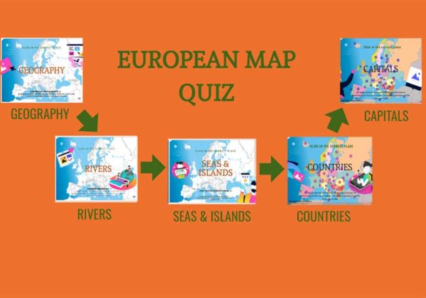 Different interactive games on Europe, on geography, rivers, seas and islands, countries and capitals