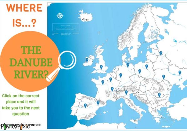 Juego interactivo sobre los ríos de Europa, pregunta que encuentras donde está el río Danubio