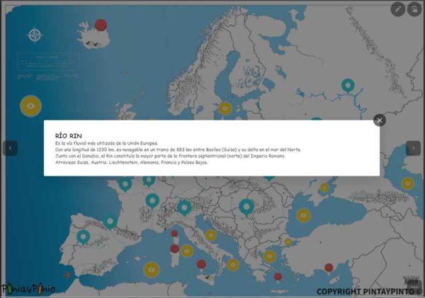 mapa mudo interactivo de Europa sobre los ríos, con información sobre el ríos Rin