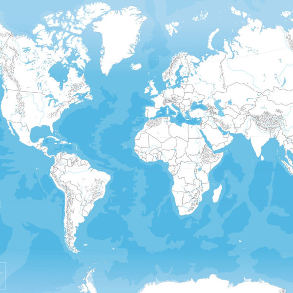 America, Europe and Africa in the world map with country borders