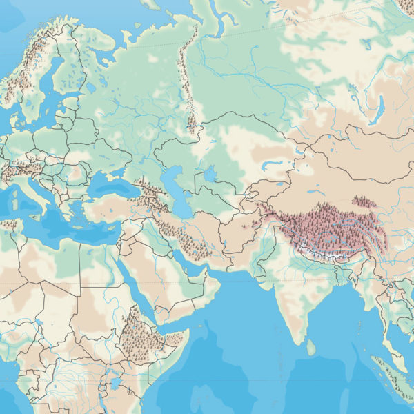 parte de Asia con información sobre elevación y vegetación en la zona con fronteras de países