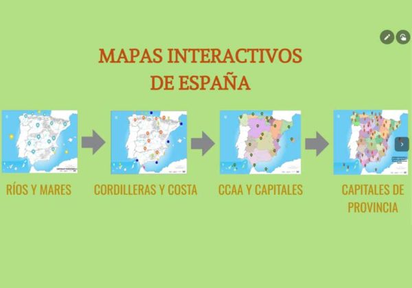 colección de mapas interactivos de España, ríos y mares, cordilleras y costa, comunidades autónomas y provincias y capitales de provincia.