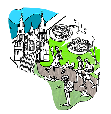 Illustration depicting four pilgrims doing the Camino de Santiago with backpacks on the map of Spain for colouring.