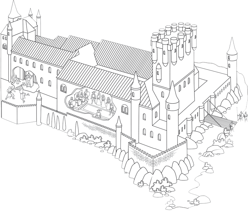 Ilustración de un castillo medieval en el mapa para colorear de la Edad media.