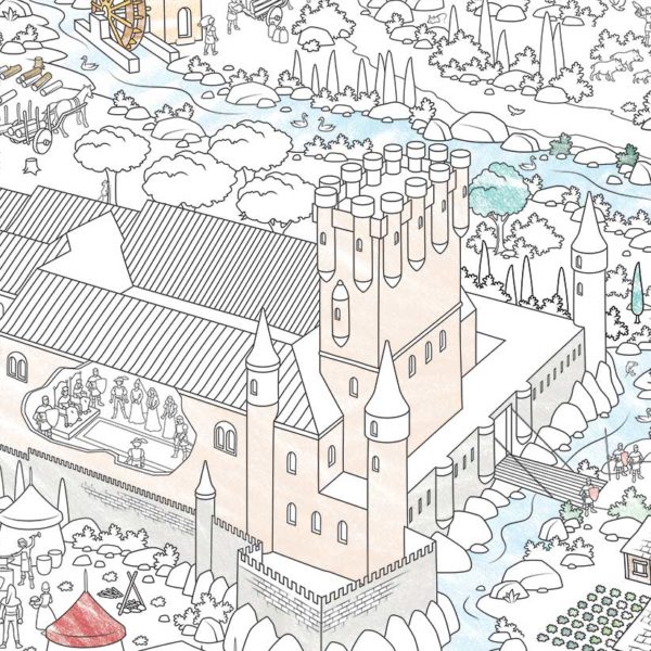 Ilustración de un castillo tipo Alcazar medieval en el mapa para colorear de la Edad media.