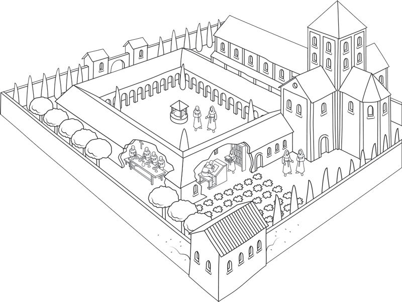 Ilustración de un monasterio en la edad media, con su biblioteca. 